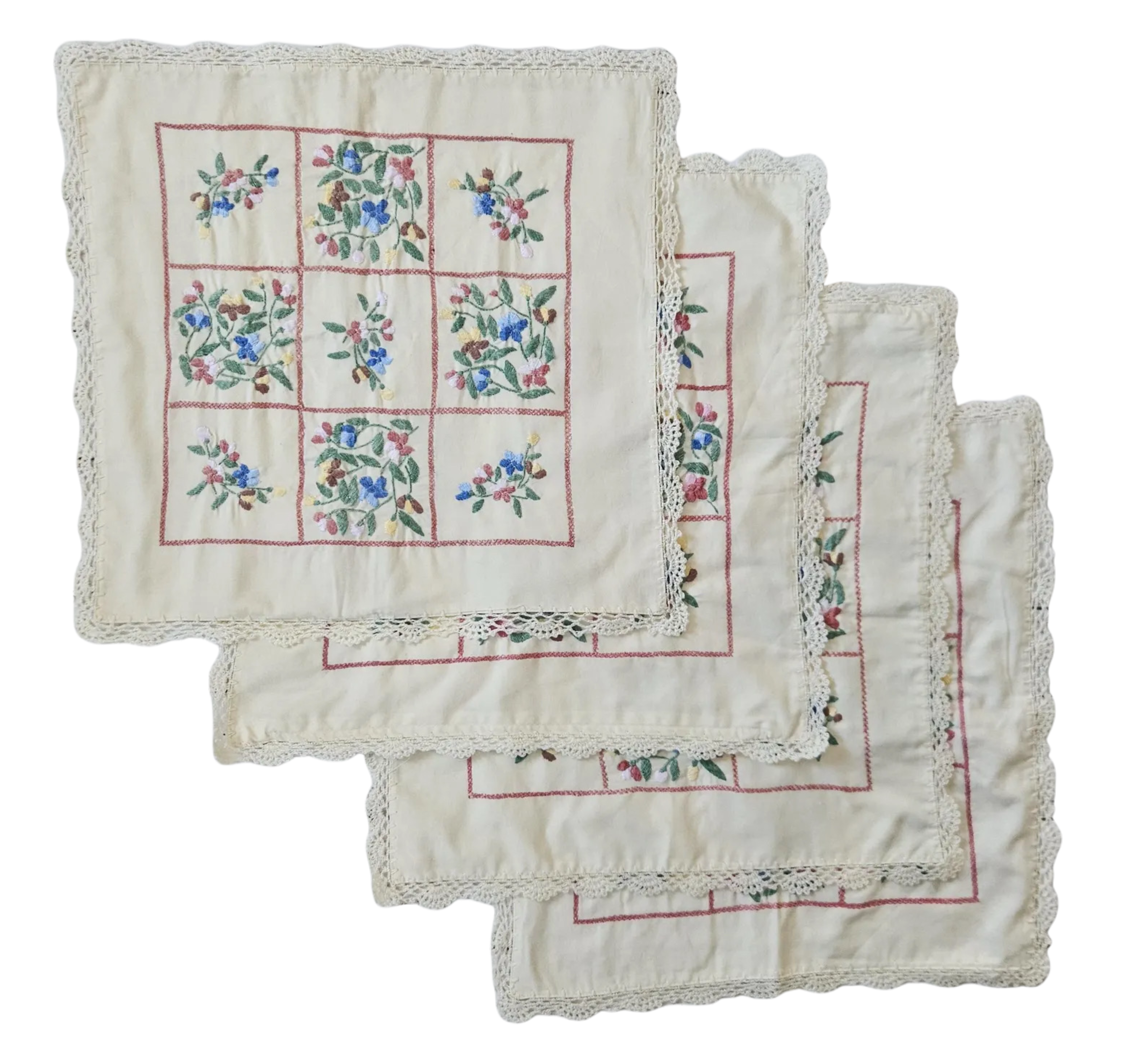 Set of 4 vintage cotton cushion covers, 37.5cm. Hand-embroidered floral grid, crochet lace trim, zip closure. One-of-a-kind set. The Home Edit by Boutique Kaotique.