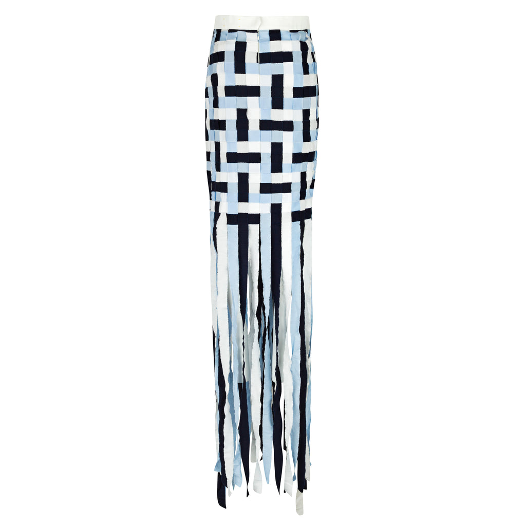 Long skirt with geometric pattern on a white background. Indonesian stringy skirt — handmade designer cotton skirt with string detail from Major Minor Jakarta, relaxed fit, limited edition