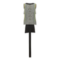 Sleeveless patterned top with black pants on a white background. Wool embroidered vest — handmade wool designer vest with hand-embroidery from Patrick Owen Jakarta, relaxed fit, limited edition