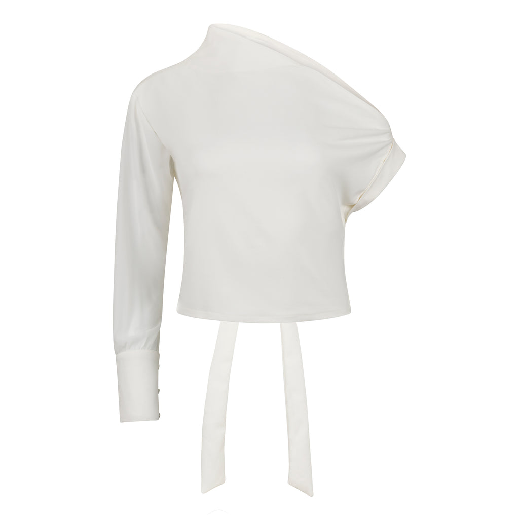 White long-sleeve top with a unique design on a white background. Indonesian asymmetrical shirt — handmade asymmetric designer shirt from Maryallé Jakarta, fitted, limited edition piece