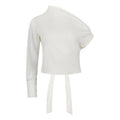White long-sleeve top with a unique design on a white background. Indonesian asymmetrical shirt — handmade asymmetric designer shirt from Maryallé Jakarta, fitted, limited edition piece