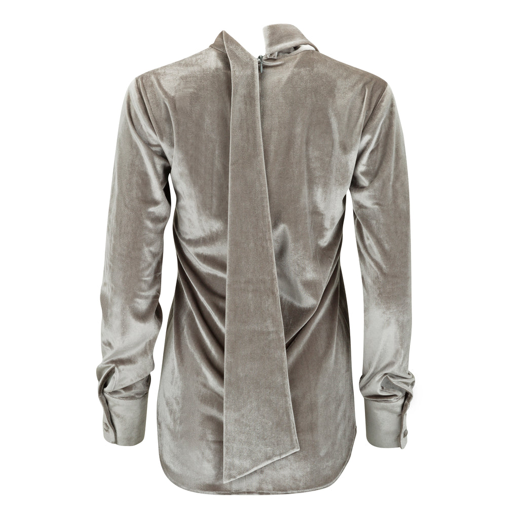 Gray velvet shirt with a draped front design on a white background. Silver velvet top — handmade silver velvet designer top from Patrick Owen Jakarta, fitted, limited edition occasion piece