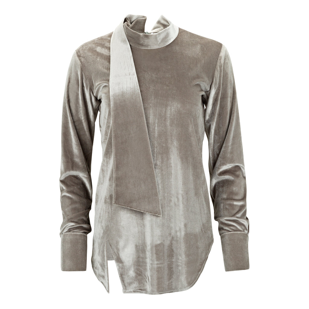 Gray long-sleeve top with a draped front panel on a white background. Silver velvet top — handmade silver velvet designer top from Patrick Owen Jakarta, fitted, limited edition occasion piece