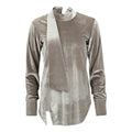 Gray long-sleeve top with a draped front panel on a white background. Silver velvet top — handmade silver velvet designer top from Patrick Owen Jakarta, fitted, limited edition occasion piece