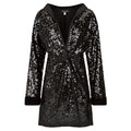 Black sequin coat with a hood on a white background. Black sequins embroidered coat — black designer coat with hand-stitched sequin embroidery from Laure Welfling Marrakech, limited edition