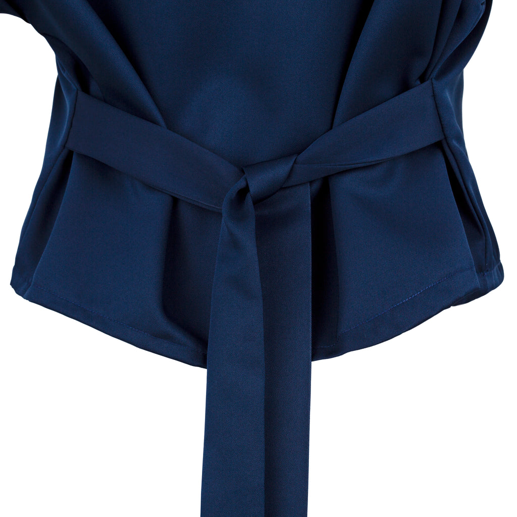 Navy blue belted garment on a white background. Indonesian off the shoulder silk top — handmade silk designer off-shoulder top from Maryallé Jakarta, fitted, limited edition