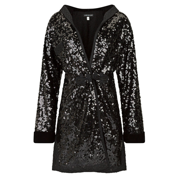 Black sequin coat with a hood on a white background. Black sequins embroidered coat — black designer coat with hand-stitched sequin embroidery from Laure Welfling Marrakech, limited edition