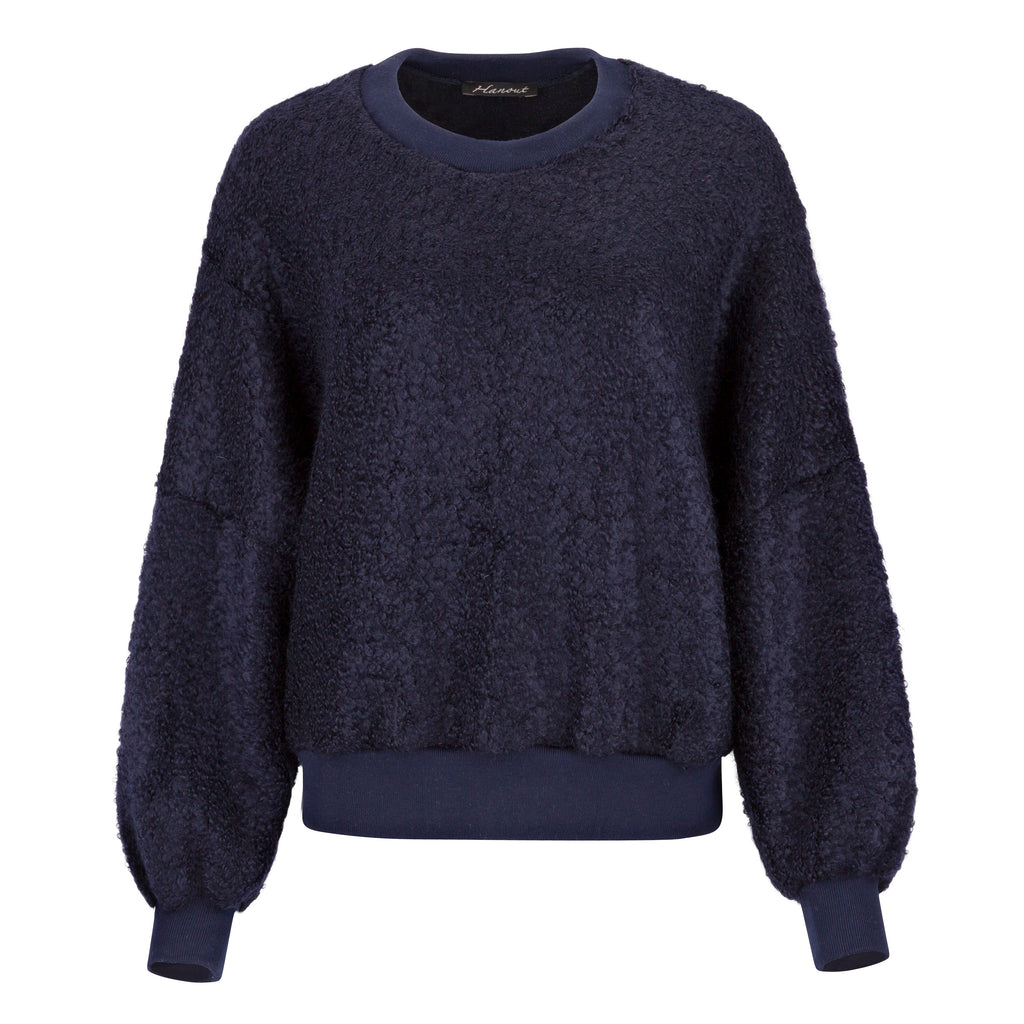 Navy blue sweater on a white background. Navy wool cashmere jumper — handmade navy wool blend designer jumper from Hanout Boutique Marrakech, relaxed fit, limited edition