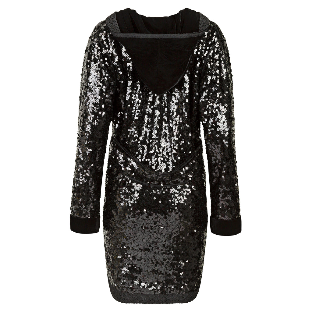 Black sequin dress with long sleeves on a white background. Black sequins embroidered coat — black designer coat with hand-stitched sequin embroidery from Laure Welfling Marrakech, limited edition