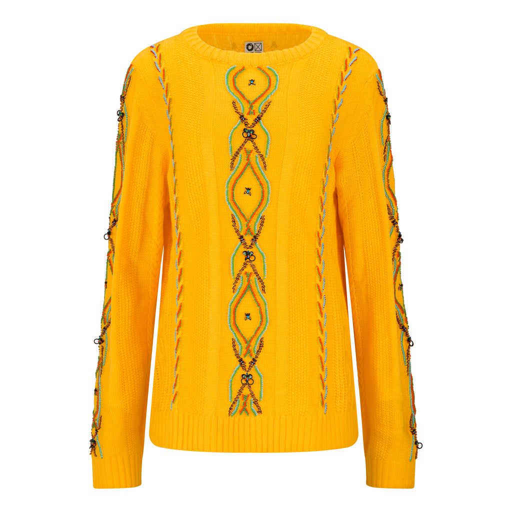 Yellow sweater with intricate patterns on a white background. Yellow bug wool jumper — handmade yellow wool designer jumper with bug print from Patrick Owen Jakarta, relaxed fit, limited edition