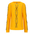Yellow sweater with intricate patterns on a white background. Yellow bug wool jumper — handmade yellow wool designer jumper with bug print from Patrick Owen Jakarta, relaxed fit, limited edition