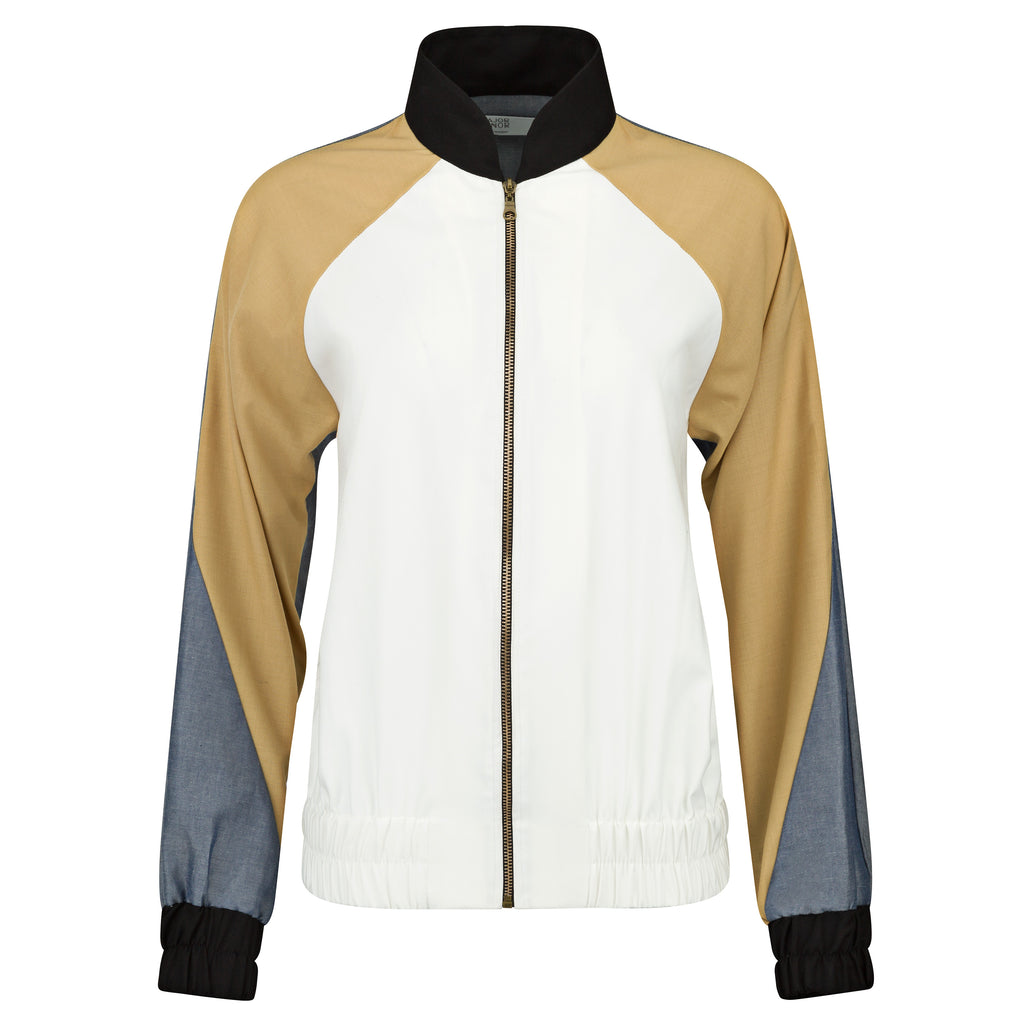 Color-blocked jacket with white, beige, and gray sections on a white background. Linen baseball jacket — handmade designer linen baseball jacket from Major Minor Jakarta, relaxed fit, limited edition summer