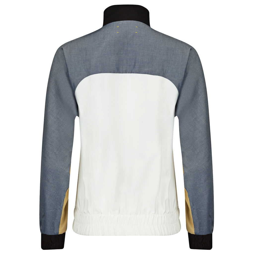 Back view of a jacket with gray sleeves and white body on a white background. Linen baseball jacket — handmade designer linen baseball jacket from Major Minor Jakarta, relaxed fit, limited edition summer