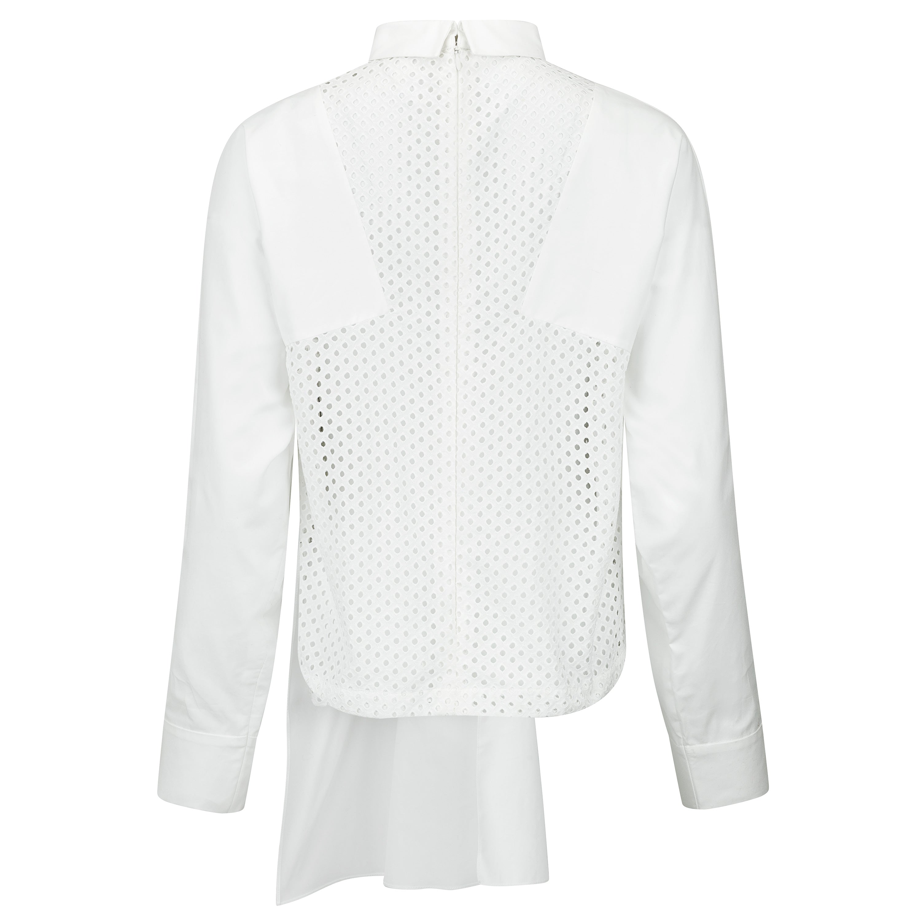 White shirt with a unique pattern on a white background. White dotted blouse — handmade white designer blouse with delicate dot print from Major Minor Jakarta, relaxed fit, limited edition