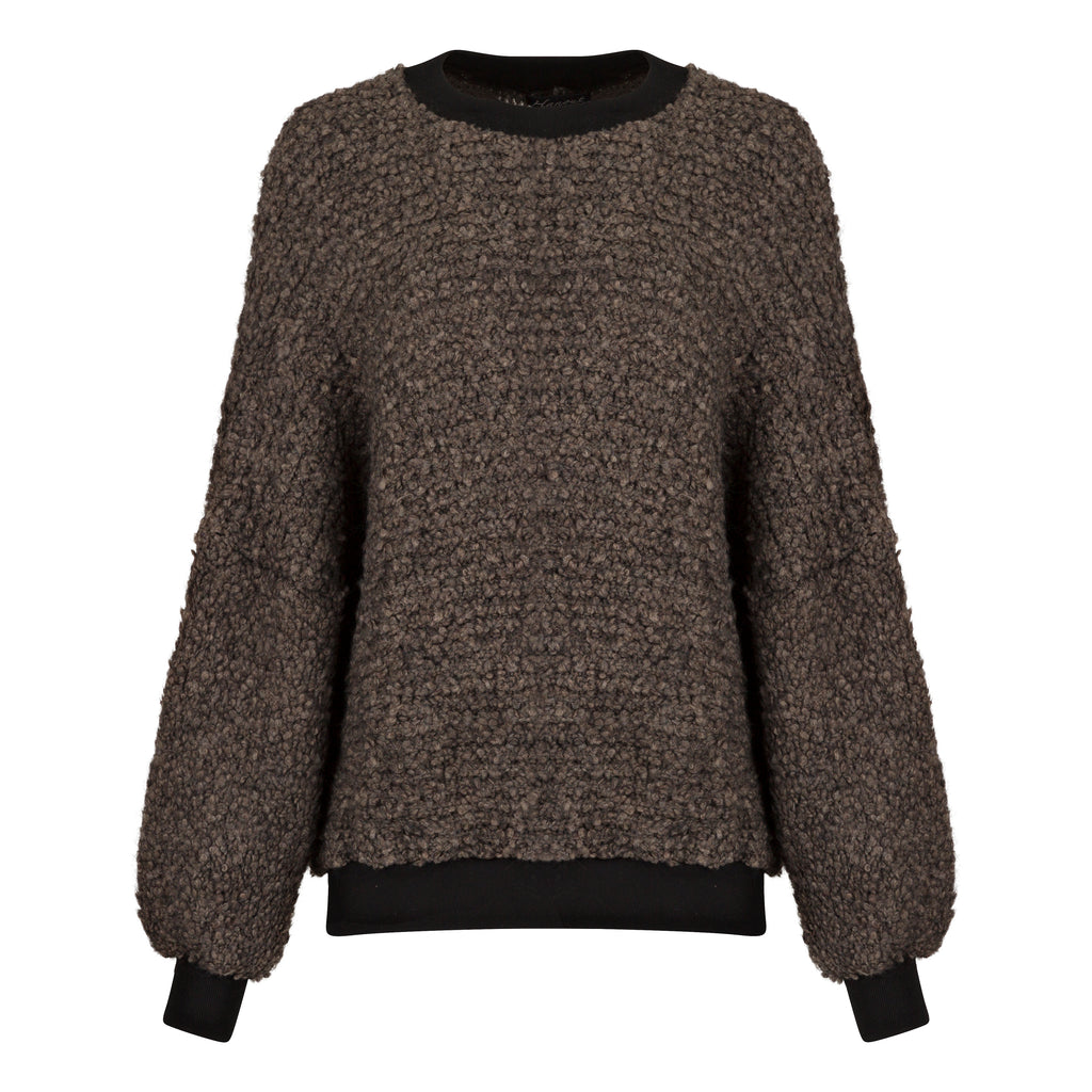 Textured sweater with black trim on a white background. Chocolate wool cashmere jumper — handmade brown wool blend designer jumper from Hanout Boutique Marrakech, relaxed fit, limited edition