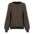 Textured sweater with black trim on a white background. Chocolate wool cashmere jumper — handmade brown wool blend designer jumper from Hanout Boutique Marrakech, relaxed fit, limited edition