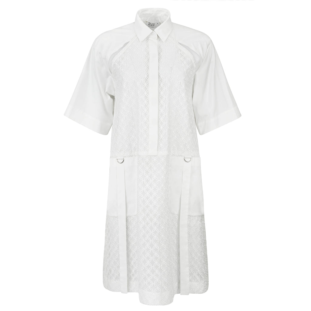 White shirt dress with short sleeves on a white background. Indonesian cool summer dress — handmade designer cotton summer dress from Major Minor Jakarta, relaxed fit, limited edition