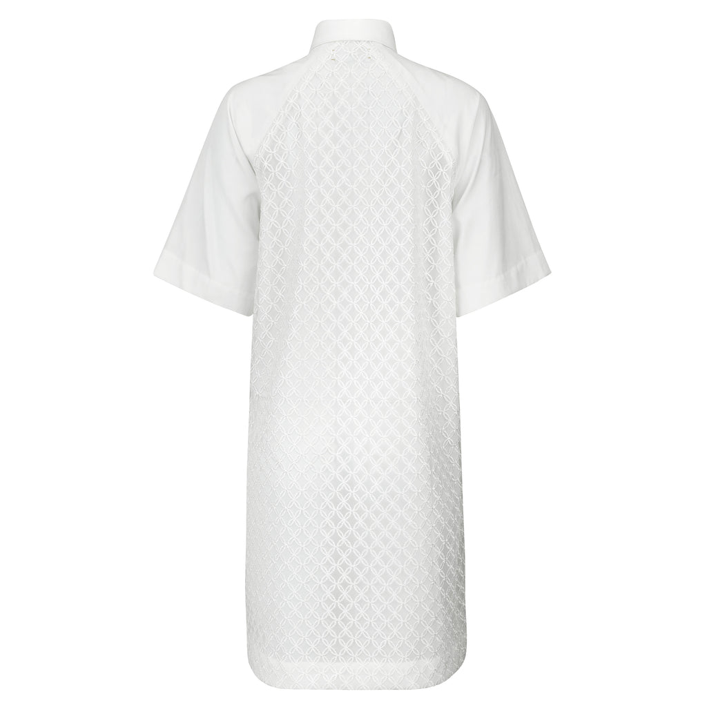 White textured shirt on a white background. Indonesian cool summer dress — handmade designer cotton summer dress from Major Minor Jakarta, relaxed fit, limited edition