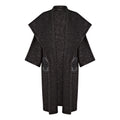 Dark gray cardigan with geometric patterns on a white background. Wool embroidered coat — heavy wool designer coat with hand-embroidered detail from Hanout Boutique Marrakech, limited edition