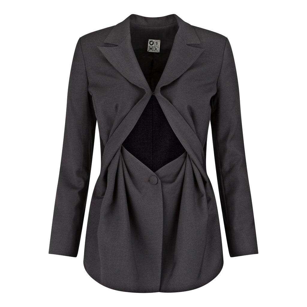 Gray blazer with cut-out design on a white background. Unique ultra feminine cut blazer — handmade designer blazer from Patrick Owen Jakarta, fitted, limited edition occasion piece
