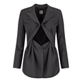 Gray blazer with cut-out design on a white background. Unique ultra feminine cut blazer — handmade designer blazer from Patrick Owen Jakarta, fitted, limited edition occasion piece