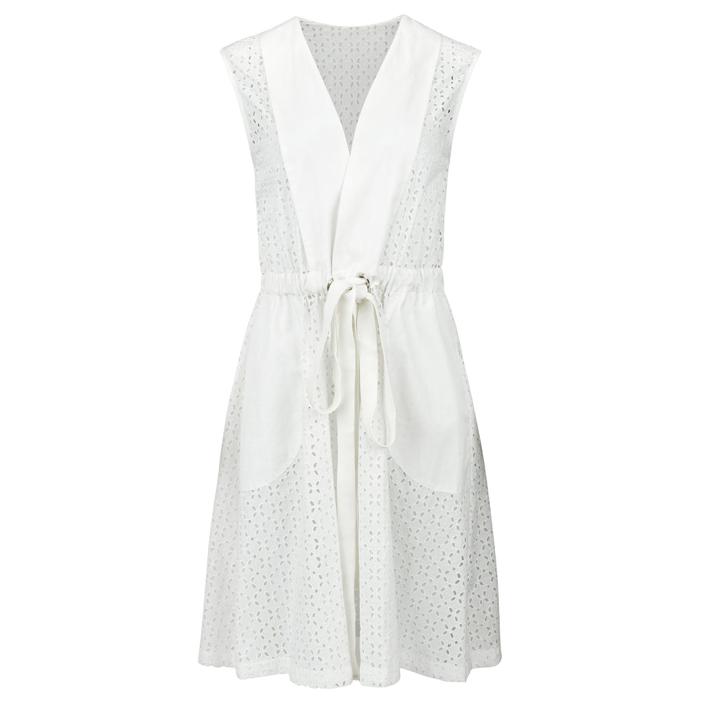 White sleeveless dress with lace details on a white background. Indonesian cool summer vest — handmade designer cotton summer vest from Major Minor Jakarta, relaxed fit, limited edition