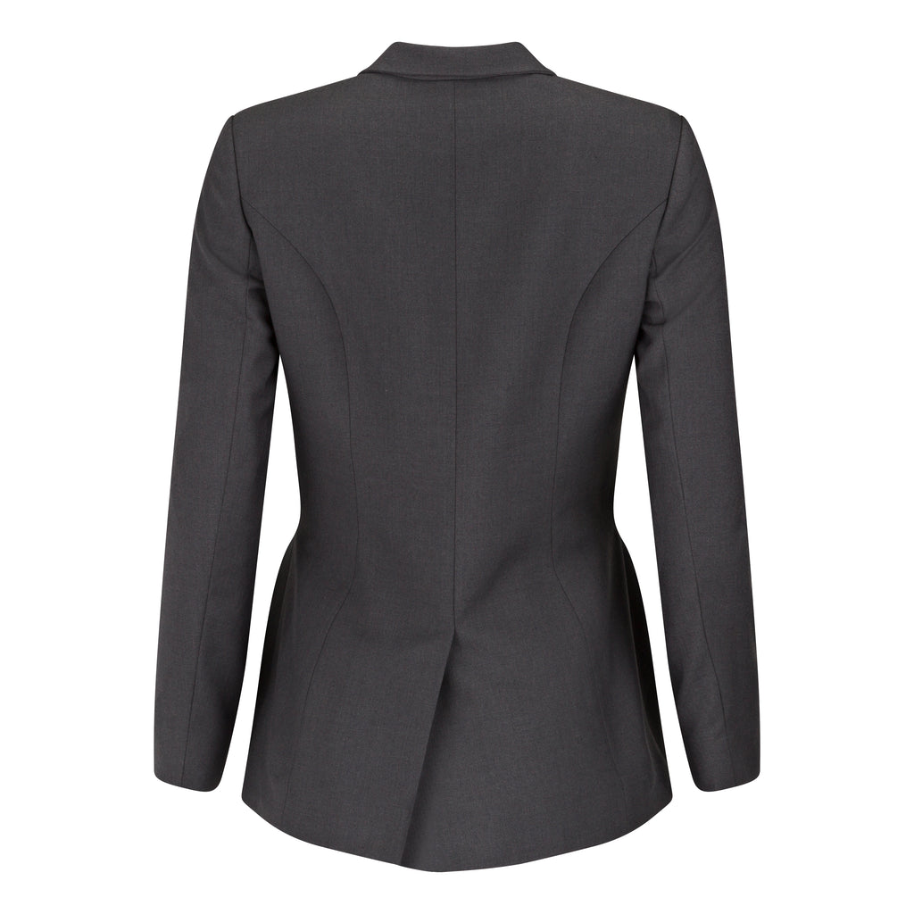 Gray blazer on a white background. Unique ultra feminine cut blazer — handmade designer blazer from Patrick Owen Jakarta, fitted, limited edition occasion piece