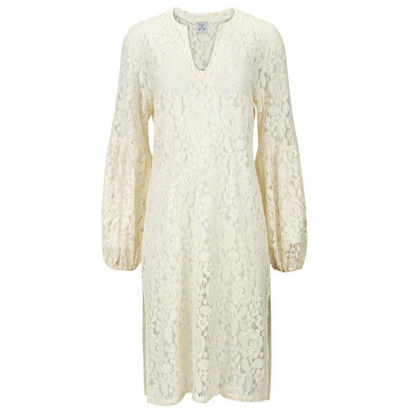 White lace dress on a white background. Moroccan white lace summer cover up — handmade white cotton lace kaftan from Owl Marrakech, breezy fit, limited edition