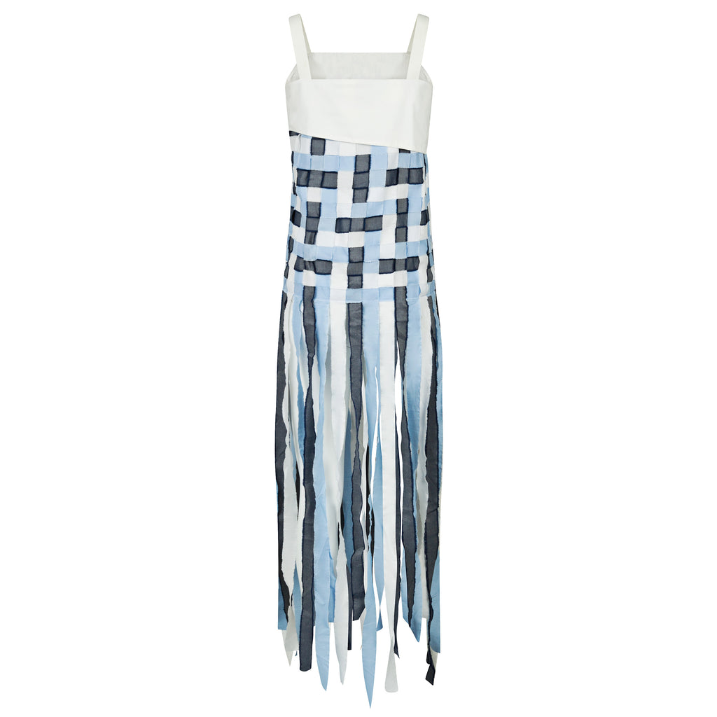 Dress with a white top and colorful striped skirt on a white background. Indonesian stringy top — handmade designer cotton top with string detail from Major Minor Jakarta, relaxed fit, limited edition