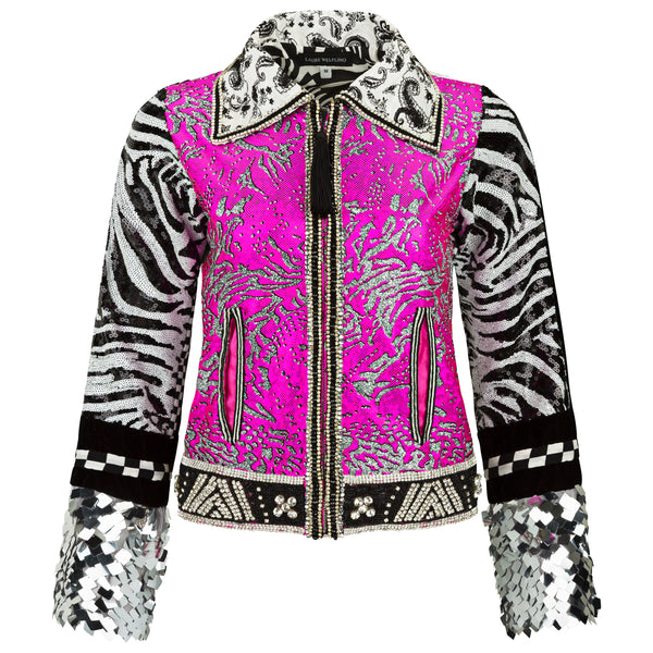 Colorful jacket with zebra pattern and sequin details on a white background. Pink zebra print biker jacket — pink zebra designer biker jacket from Laure Welfling Marrakech, fitted, limited edition