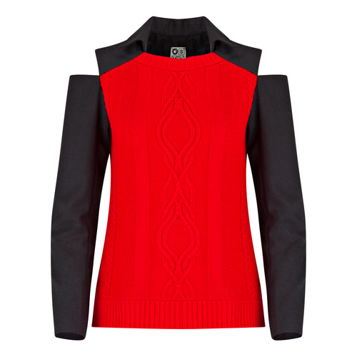 Red sweater with black sleeves and collar on a white background. Cut out long sleeve top — handmade designer long-sleeve top with cut-out detail from Patrick Owen Jakarta, fitted, limited edition