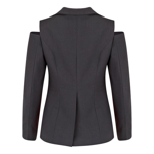 Gray blazer on a white background. Cut out long sleeve top — handmade designer long-sleeve top with cut-out detail from Patrick Owen Jakarta, fitted, limited edition