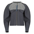 Gray jacket with a patterned gray and blue collar on a white background. Knitted bomber jacket — handmade designer knitted bomber from Patrick Owen Jakarta, relaxed fit, limited edition winter piece