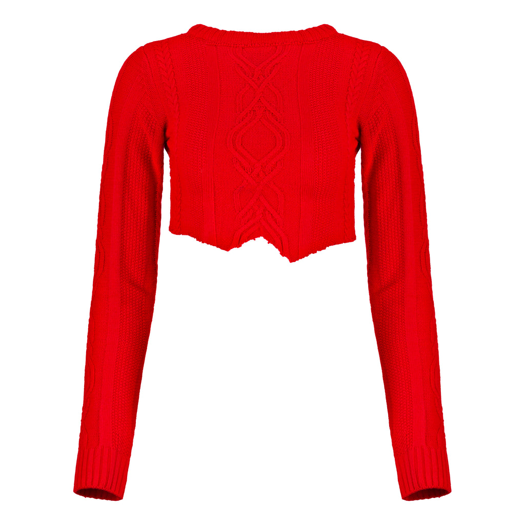 Knitted Long Sleeve Crop Top - Red