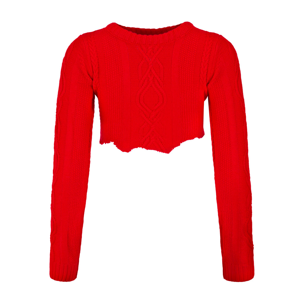 Knitted Long Sleeve Crop Top - Red