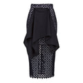 Black skirt with patterned sides on a white background. Indonesian-inspired lace skirt — handmade lace designer skirt from Maryallé Jakarta, fitted, limited edition occasion piece