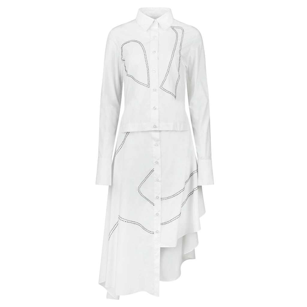 White shirt with decorative stitching on a white background. Indonesian asymmetrical dress — handmade asymmetric designer dress from Major Minor Jakarta, relaxed fit, limited edition