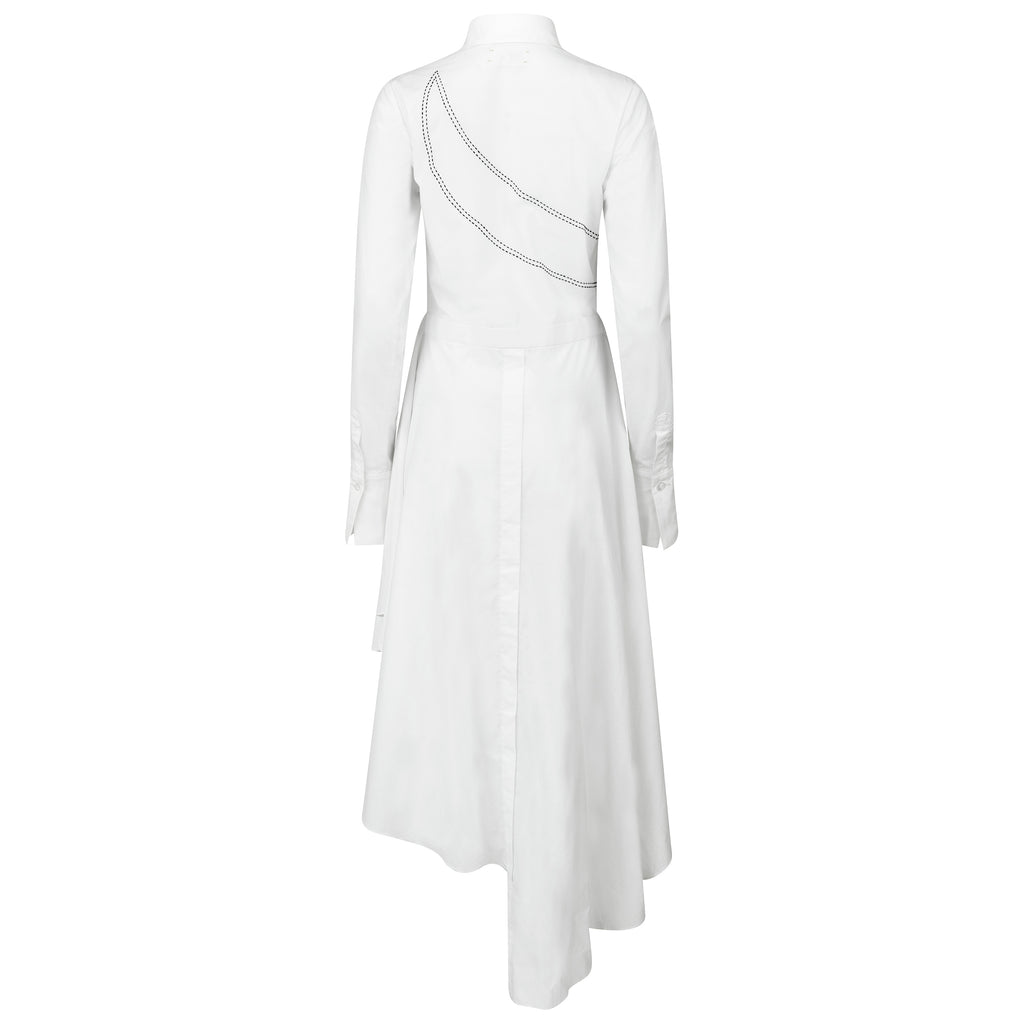 White dress with a unique design on a white background. Indonesian asymmetrical dress — handmade asymmetric designer dress from Major Minor Jakarta, relaxed fit, limited edition