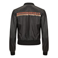 Black bomber jacket with decorative elements on the back against a white background. Jewelled biker jacket — handmade designer biker jacket with jewel detailing from Hanout Boutique Marrakech, fitted, limited edition