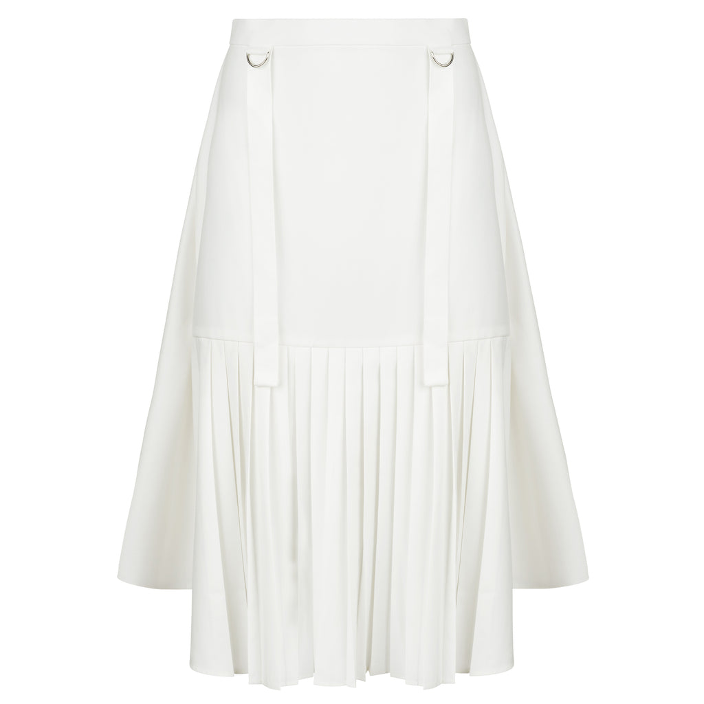 White pleated skirt on a white background. Indonesian asymmetrical skirt — handmade asymmetric designer skirt from Major Minor Jakarta, relaxed fit, limited edition