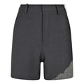 Gray shorts with a textured patch on a white background. Wool blend shorts — handmade designer wool blend shorts from Patrick Owen Jakarta, tailored fit, limited edition piece