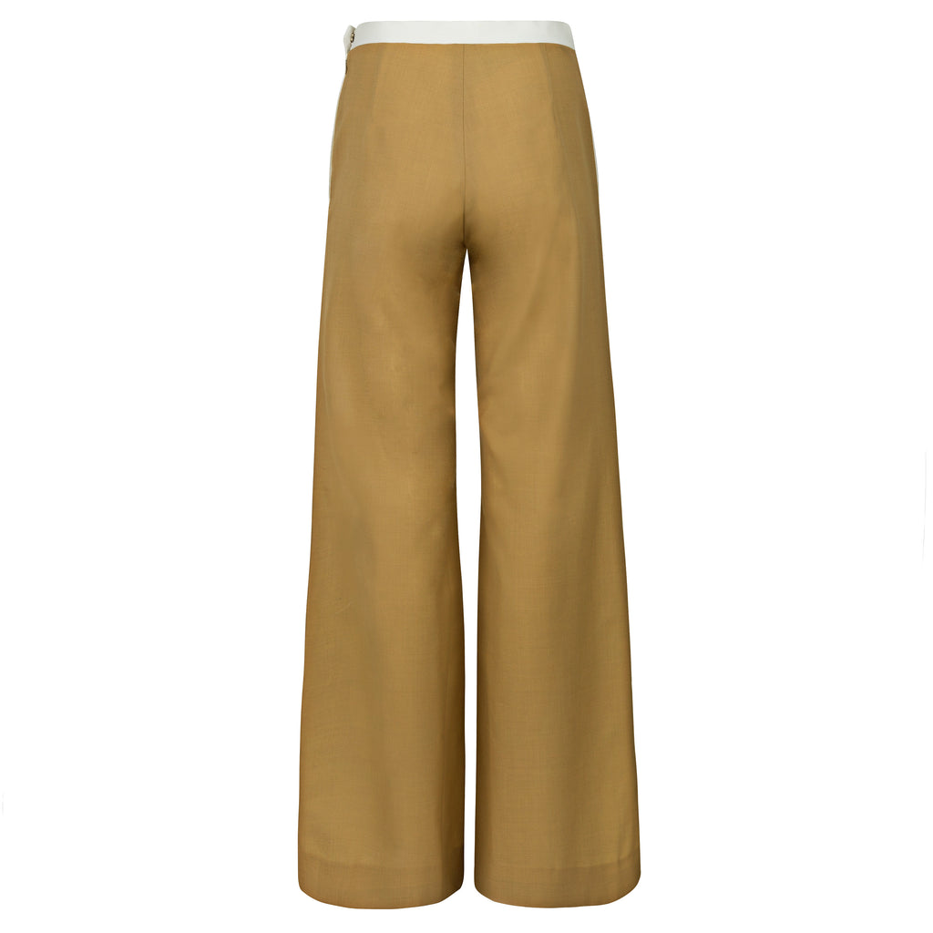 Tan wide-leg pants on a white background. Double coloured trousers — handmade designer two-tone trousers from Major Minor Jakarta, relaxed fit, limited edition piece