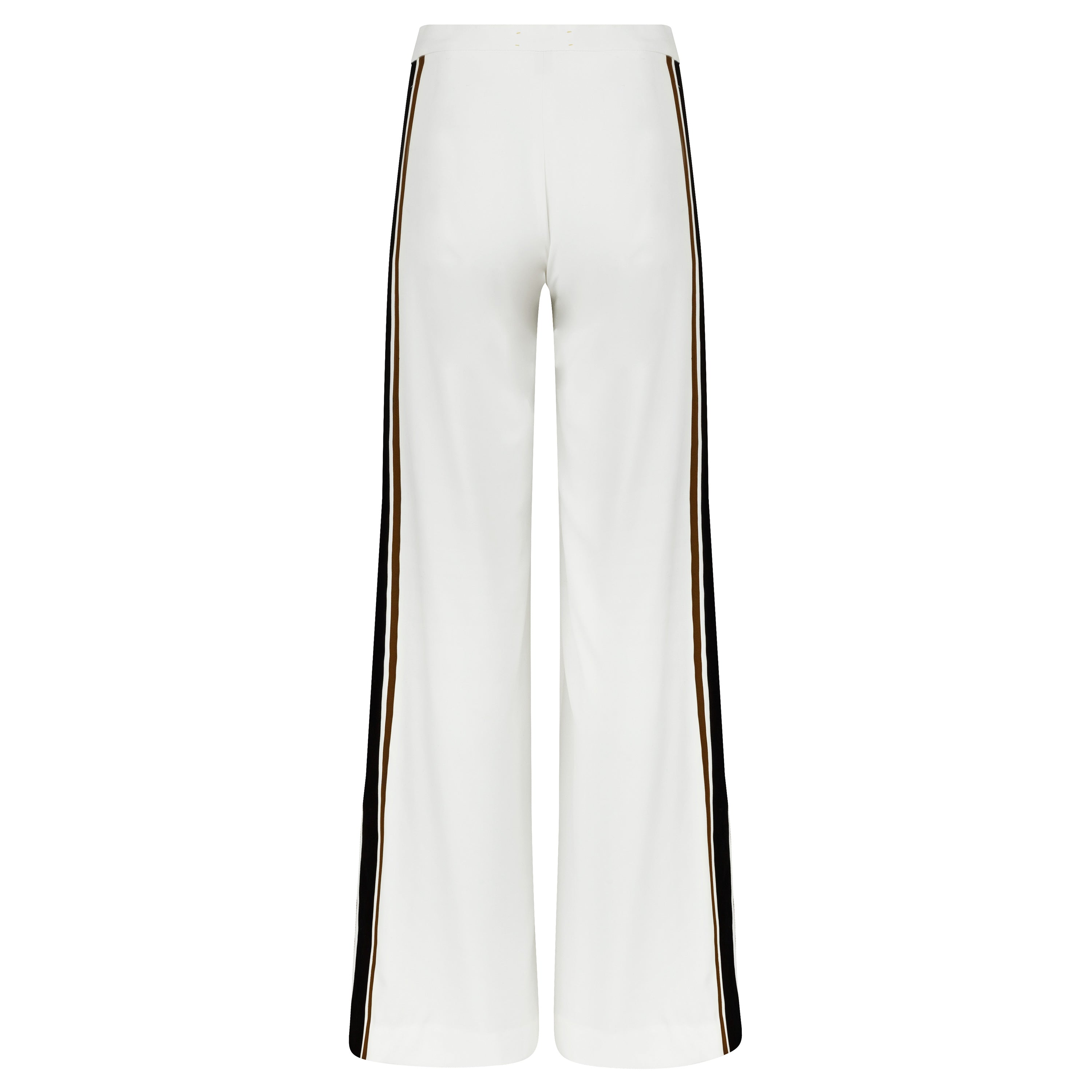 White pants with black side stripes on a white background. Striped trousers — handmade designer striped cotton trousers from Major Minor Jakarta, relaxed fit, limited edition summer