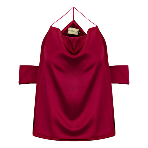 Maroon off-shoulder top on a hanger with a visible brand label against a white background. Cut out burgundy top — handmade burgundy designer top with cut-out detail from Maryallé Jakarta, fitted, limited edition