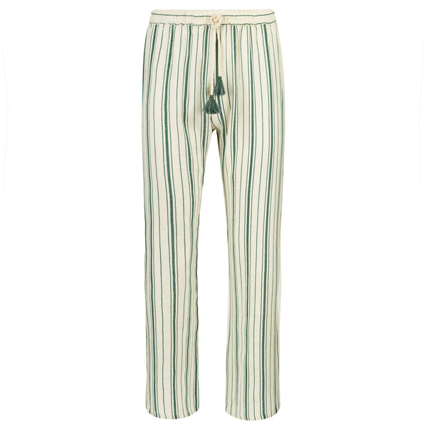 Striped pants with a tassel on a white background. Moroccan green striped summer trousers — handmade cotton designer trousers from Owl Marrakech, relaxed fit, limited edition