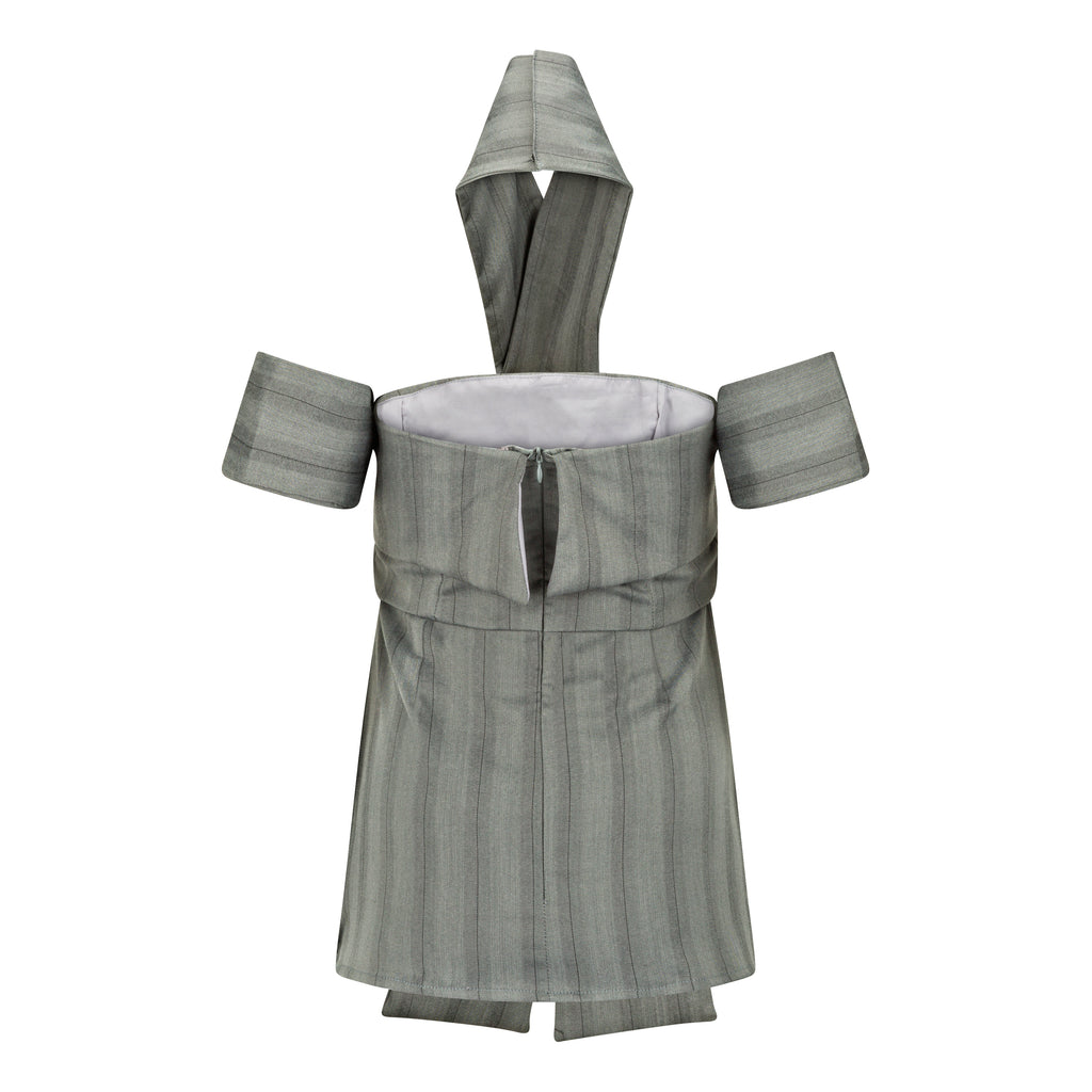 Gray off-shoulder dress with a hood on a white background. Indonesian cut-out shirt — handmade designer shirt with cut-out detail from Maryallé Jakarta, fitted, limited edition