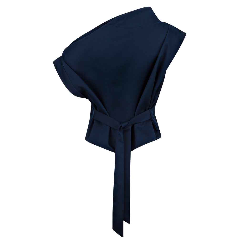 Navy blue bonnet on a white background. Indonesian off the shoulder silk top — handmade silk designer off-shoulder top from Maryallé Jakarta, fitted, limited edition