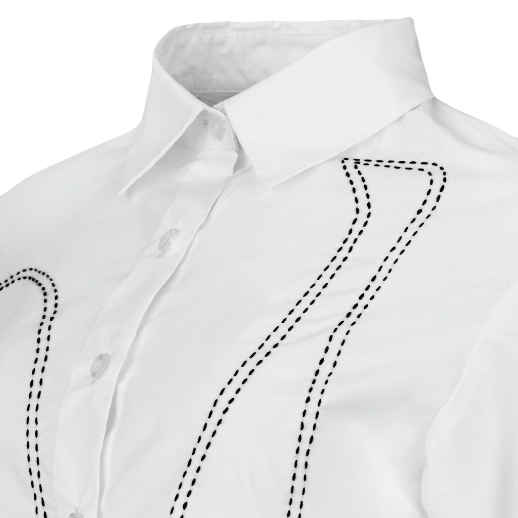 White shirt with black stitching details on a white background. Indonesian asymmetrical dress — handmade asymmetric designer dress from Major Minor Jakarta, relaxed fit, limited edition