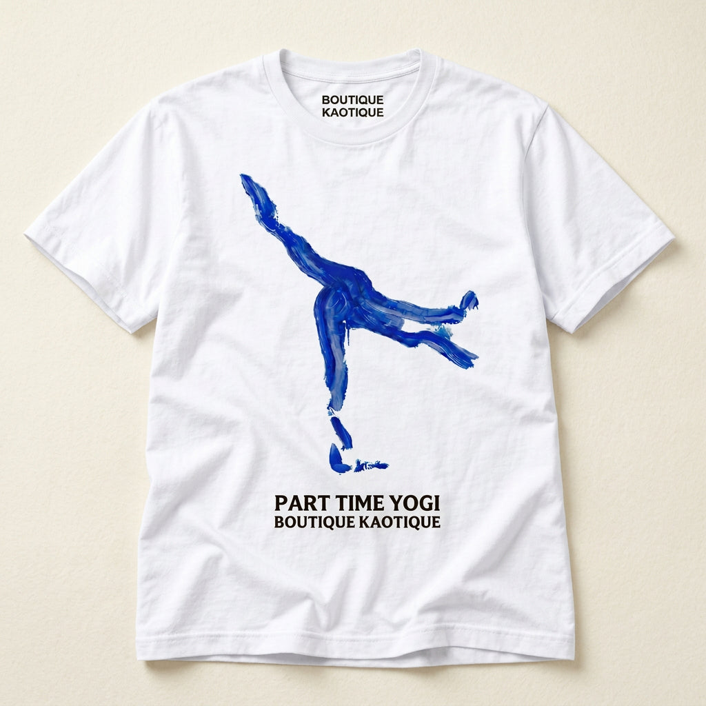 A organic cotton t-shirt with a blue graphic print of a yoga pose and the text 'PART TIME YOGI BOUTIQUE KAOTIQUE' on the front. Part Time Yogi affirmation tee — white organic cotton t-shirt with yoga print, unisex fit, mental health charity tee