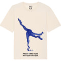 A organic cotton t-shirt with a blue graphic print of a yoga pose and the text 'PART TIME YOGI BOUTIQUE KAOTIQUE' on the front. Part Time Yogi affirmation tee — white organic cotton t-shirt with yoga print, unisex fit, mental health charity tee
